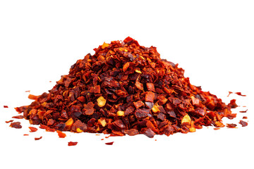 Pile of red chili flakes isolated on transparent background. Pile of vibrant red chili flakes scattered for cooking isolated on white background.