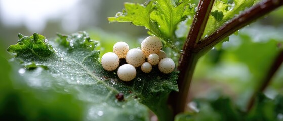 Close-up view of kale leaf with white fly eggs observed in the garden during the morning light