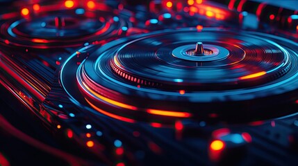Neon-Lit Turntable: Close-Up of DJ Equipment with Vibrant Red and Blue Lights
