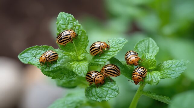 Colorado potato beetles on potato leaves in garden setting with clear focus on pest infestations during daylight hours
