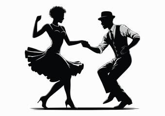 African American couple dancing boogie woogie, black and white vector silhouette