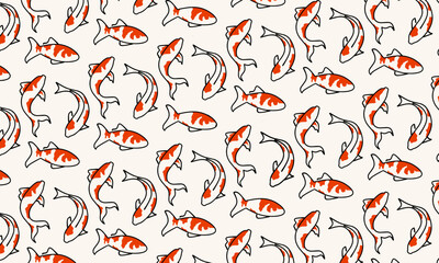 A handdrawn pattern illustration of orange koi fish with white stroke on a dark white background. This pattern is suitable for textile, wrapping paper, wallpaper, background, and other projects