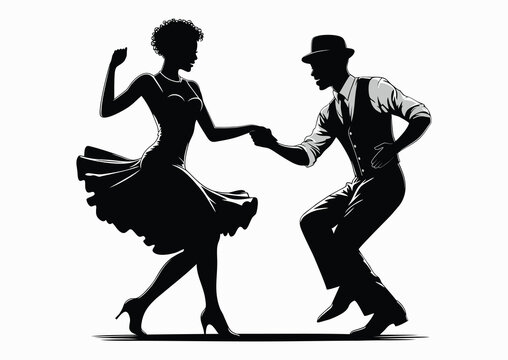 African American couple dancing boogie woogie, black and white vector silhouette