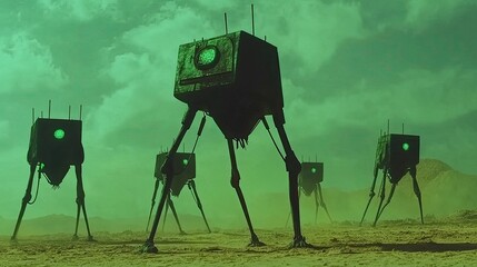 Ominous Green-Eyed Sci-Fi Robots Stride Across a Desolate Alien Planet Under a Hazy, Verdant Sky