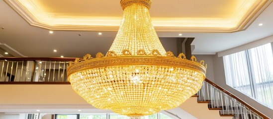 Opulent Crystal Chandelier: Golden Glow Illuminating Grand Interior Space