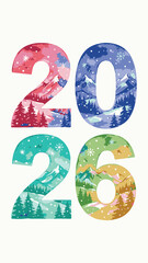 Vibrant watercolor 2026 numbers with festive snowy mountain scenery