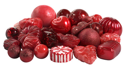 Macro closeup of delicious chocolate candies with fresh ripe strawberries and cherries isolated on white background as a sweet organic dessert