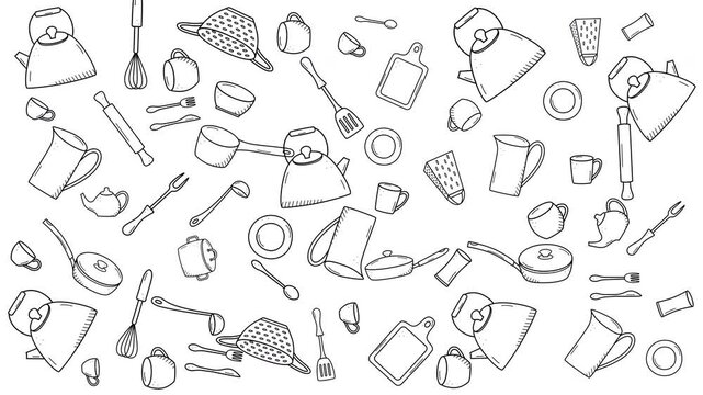 kitchenware pattern. Line drawing pattern with kitchen utensils and tableware suitable for culinary blogs, recipes, or kitchenthemed designs needing an artistic touch.