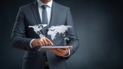 Confident businessman holding digital tablet with global world map hologram