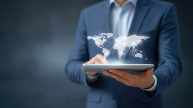 Confident businessman holding tablet with global world map technology concept - Powered by Adobe