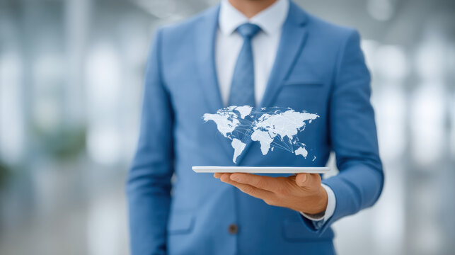 Confident business man holding tablet showing digital global world map - Powered by Adobe