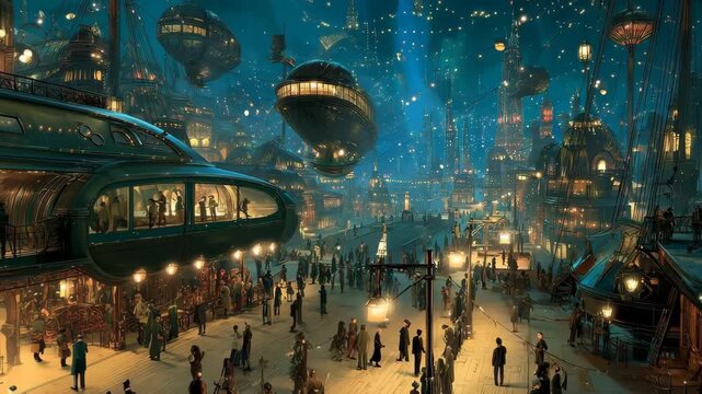 A photo capturing the bustling activity of people walking around in a futuristic city under the night sky Steampunkinspired spaceport bustling with intergalactic travelers
