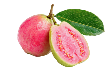Fresh pink guava fruit with leaf isolated on transparent background. Ripe pink guava fruit halved with green leaf isolated on white background.