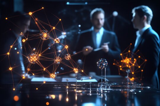 Scientists engaging in discussion with 3D molecular models at a modern research facility - Powered by Adobe