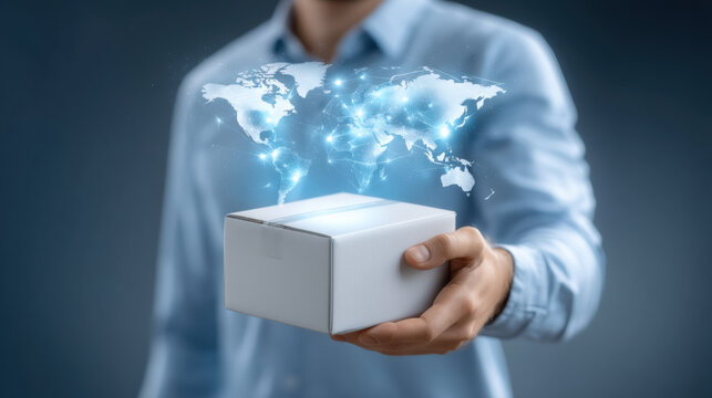 Professional man holding global delivery box with world logistics - Powered by Adobe