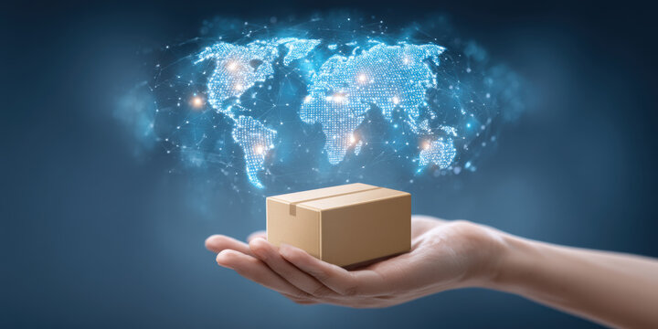 Hand holding parcel box with digital global map for futuristic logistics and international trade