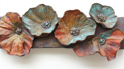 Patina Poppies: Oxidized Copper Floral Wall Art with Textured Centers