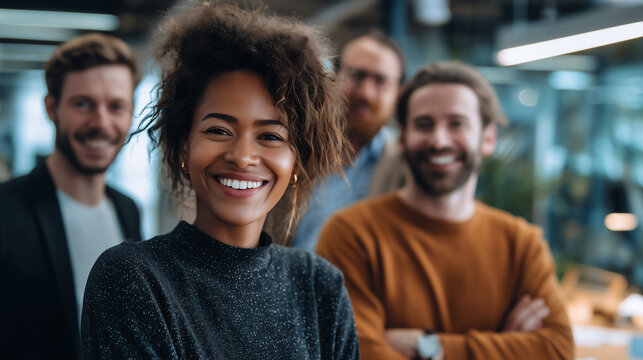 smiling multicultural professionals showcasing teamwork and success in modern office, diverse business professionals collaborating confidently in modern office - Powered by Adobe