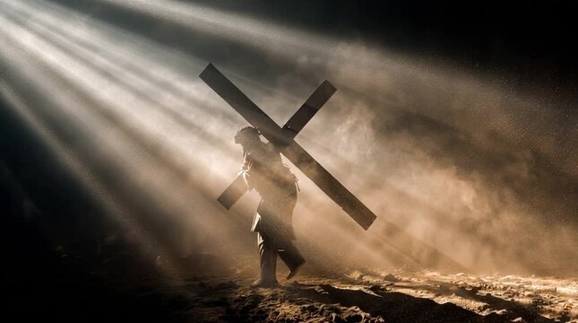 A long road recedes into the distance as a wooden cross is carried in silhouette. Dust glows in slanting rays of light, conveying solemn weight, reverence, sacrifice, and quiet nobility.
