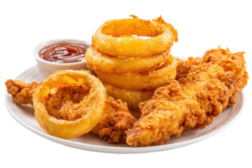 Crispy fried chicken and onion rings with sauce isolated on transparent background. Crispy breaded chicken tenders onion rings and dipping sauce served on a plate isolated on white background.