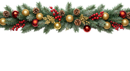Christmas garland: frosted pine, red, gold baubles, red berries, pine cones, flat lay on white, copy space below, high-key studio light, Concept of festive christmas decoration