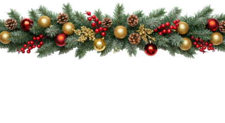 Christmas garland: frosted pine, red, gold baubles, red berries, pine cones, flat lay on white, copy space below, high-key studio light, Concept of festive christmas decoration