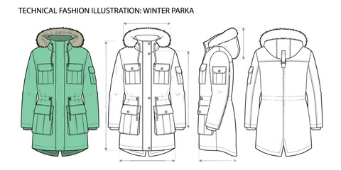 Winter parka technical sketch, front, side, back views, fur hood, drawstring, flap details, garment construction, flat vector illustration © Creative _design