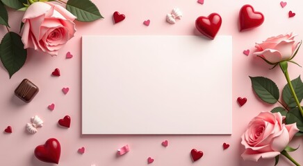 White sheet of paper surrounded by pink roses and hearts copy space