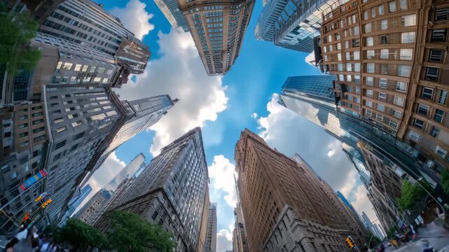 A photo capturing the perspective of looking up at towering skyscrapers from a street level showcasing their imposing presence Skyscrapers eclipsing the sun in a chaotic megacity