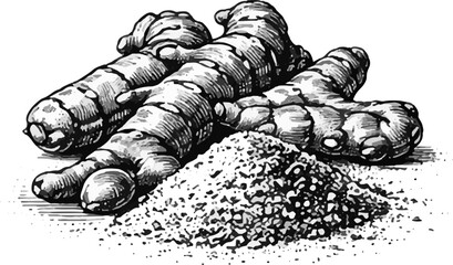 Vintage Turmeric Root and Powder Illustration Black and White
