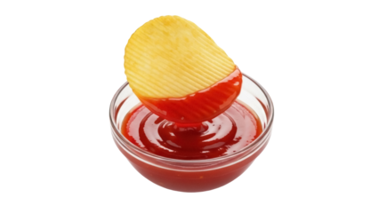Crispy ridged potato chip dipped in ketchup isolated PNG, snack food for party and picnic on transparent background