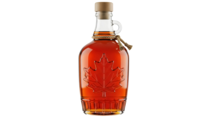 Maple syrup in glass bottle with maple leaf design isolated PNG, traditional Canadian sweet food for breakfast and dessert