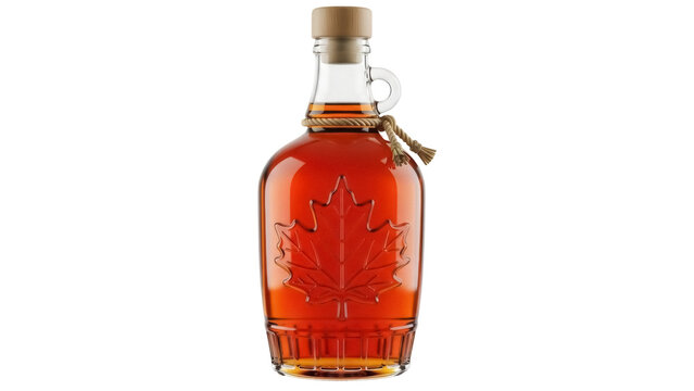 Maple syrup in glass bottle with maple leaf design isolated PNG, traditional Canadian sweet food for breakfast and dessert