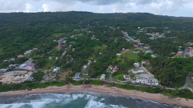 Bathsheba Beach aerial view including mushroom rock in village of Bathsheba, Saint Joseph, Barbados. 