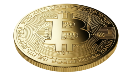 Golden Bitcoin coin isolated PNG on transparent background, cryptocurrency digital money for investment and finance