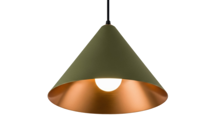 Olive green pendant light isolated PNG, modern cone lamp with copper interior on transparent background for interior design and decoration