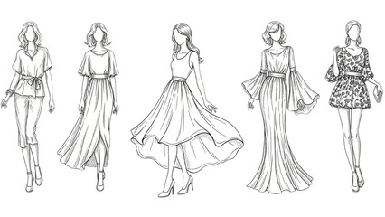 Fashion illustrations of women in various dresses and outfits showcased from different viewpoints