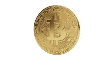 Golden Bitcoin coin isolated PNG on transparent background, cryptocurrency digital money for investment and finance