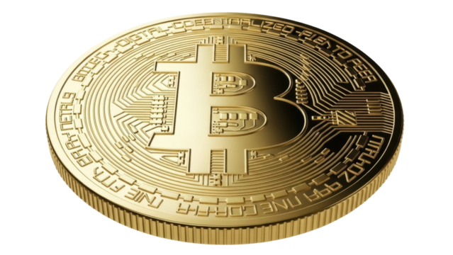 Golden Bitcoin coin isolated PNG on transparent background, cryptocurrency digital money for investment and finance - Powered by Adobe