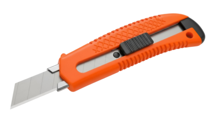 Orange utility knife isolated PNG, box cutter with retractable blade for cutting cardboard, paper, and other materials on transparent background