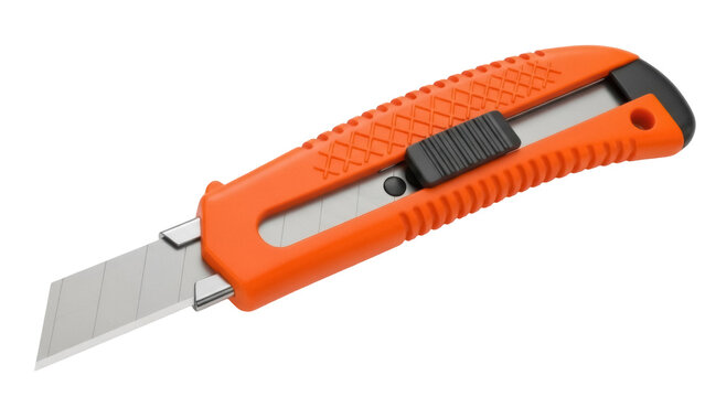 Orange utility knife isolated PNG, box cutter with retractable blade for cutting cardboard, paper, and other materials on transparent background