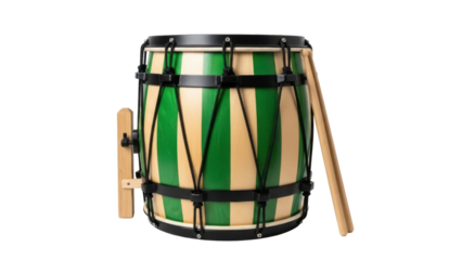 Green and beige striped drum isolated PNG, traditional percussion instrument with wooden sticks on transparent background