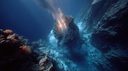 Underwater volcanic vent with hydrothermal ecosystem, venting mineral-rich water, tube worms and marine life surrounding hot vent, deep-sea environment, extreme oceanic ecosystem biodiversity captured