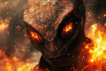 Alien creature emerges from flames with glowing eyes in a dramatic setting
