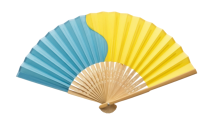 Elegant blue and yellow hand fan PNG isolated on transparent background, traditional Asian folding fan for decoration and design