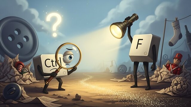 Cartoon computer keys searching through trash with magnifying glass and flashlight