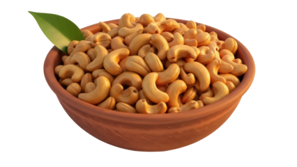Pile of cashew nuts in a brown bowl isolated PNG, healthy snack food on transparent background, delicious and nutritious nuts