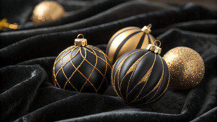 Luxury black and gold christmas ornaments on velvet fabric