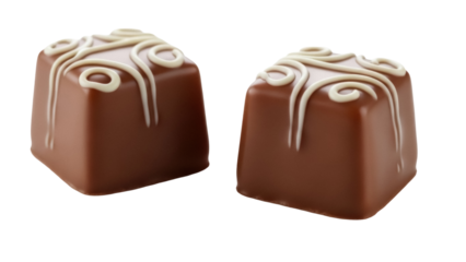 Two chocolate candies with white swirl isolated PNG on transparent background, gourmet dessert for confectionery and sweet treat concepts