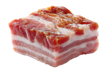 Raw pork belly cube isolated on transparent background. Delicious raw pork belly stacked layers with fatty streaks isolated on white background.